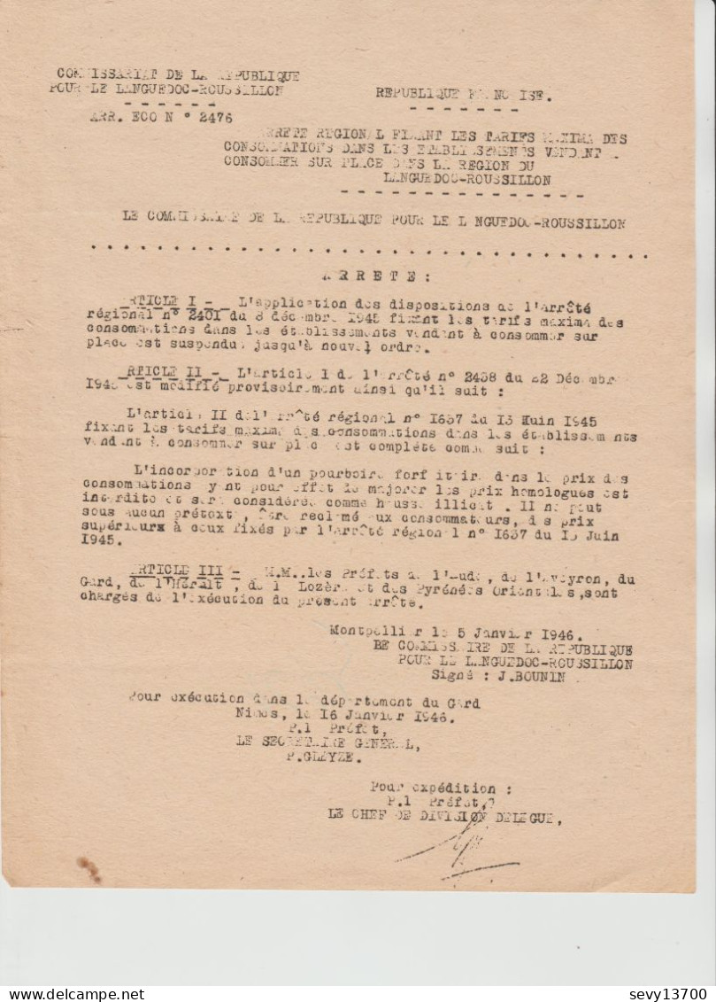 Arrêté Préfecture Du Gard 16.01.1946 Interdisant L'incorporation De Pourboire Dans Le Prix Des Consommations Sur Place - Wetten & Decreten