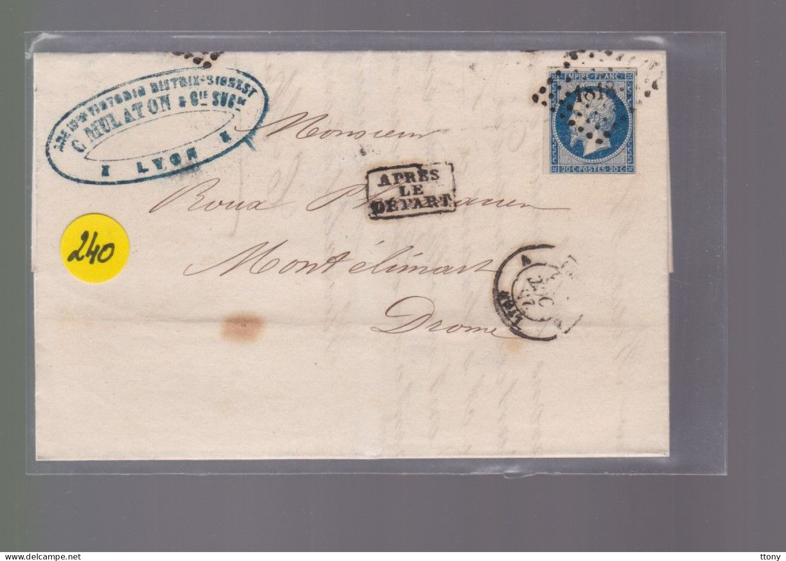 Un Timbre Napoléon III   N° 14  20 C Bleu   Lyon  1856  Après Le Départ   Destination Montélimar  ( Drome ) - 1853-1860 Napoléon III.