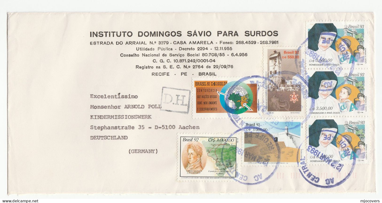 1993 Brazil COVER  Irma Dulce NUN Stamps Instituto Domingos Sávio Para Surdos To Germany CHILDREN MISSION Religion - Brieven En Documenten