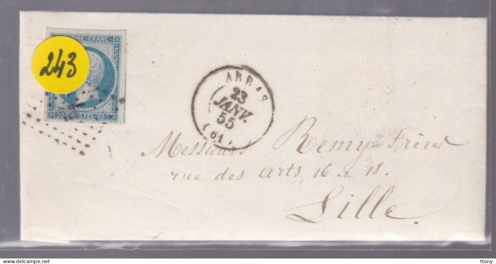 Un Timbre Napoléon III   N° 14  20 C Bleu   Arras 1855   Destination Lille - 1853-1860 Napoléon III