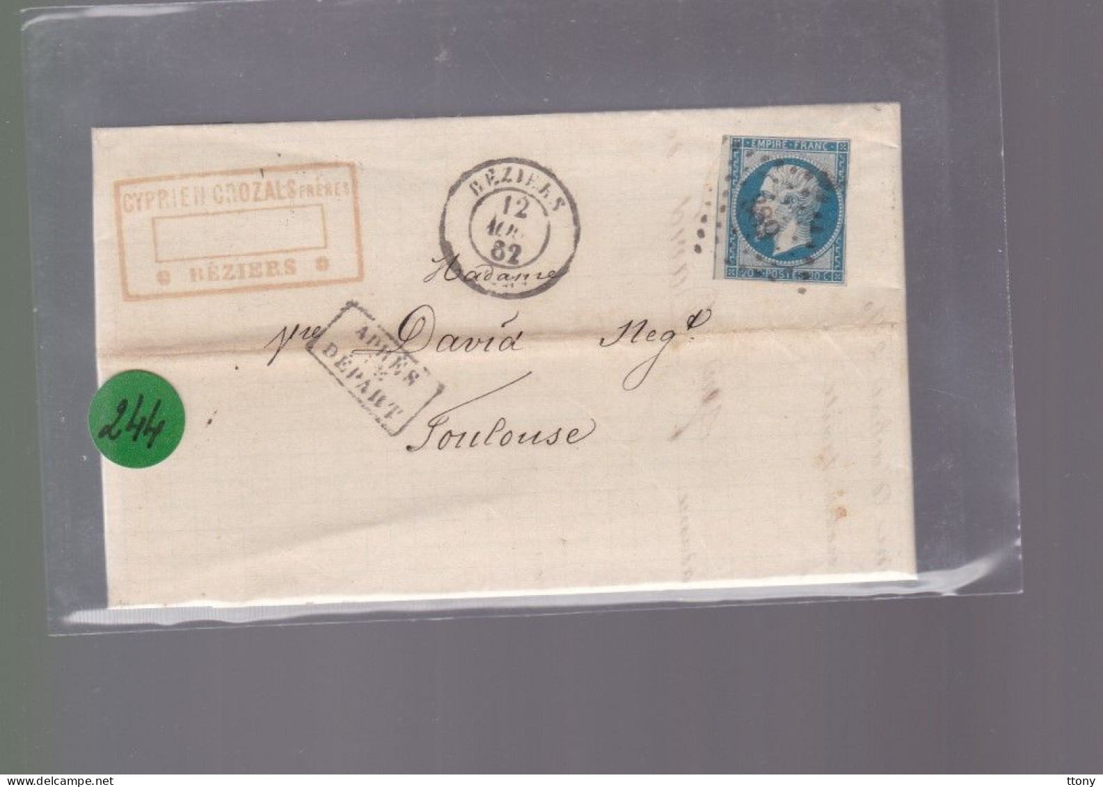 Un Timbre Napoléon III   N° 14  20 C Bleu   Béziers  1862    Destination  Toulouse   Après Le Départ - 1853-1860 Napoléon III.