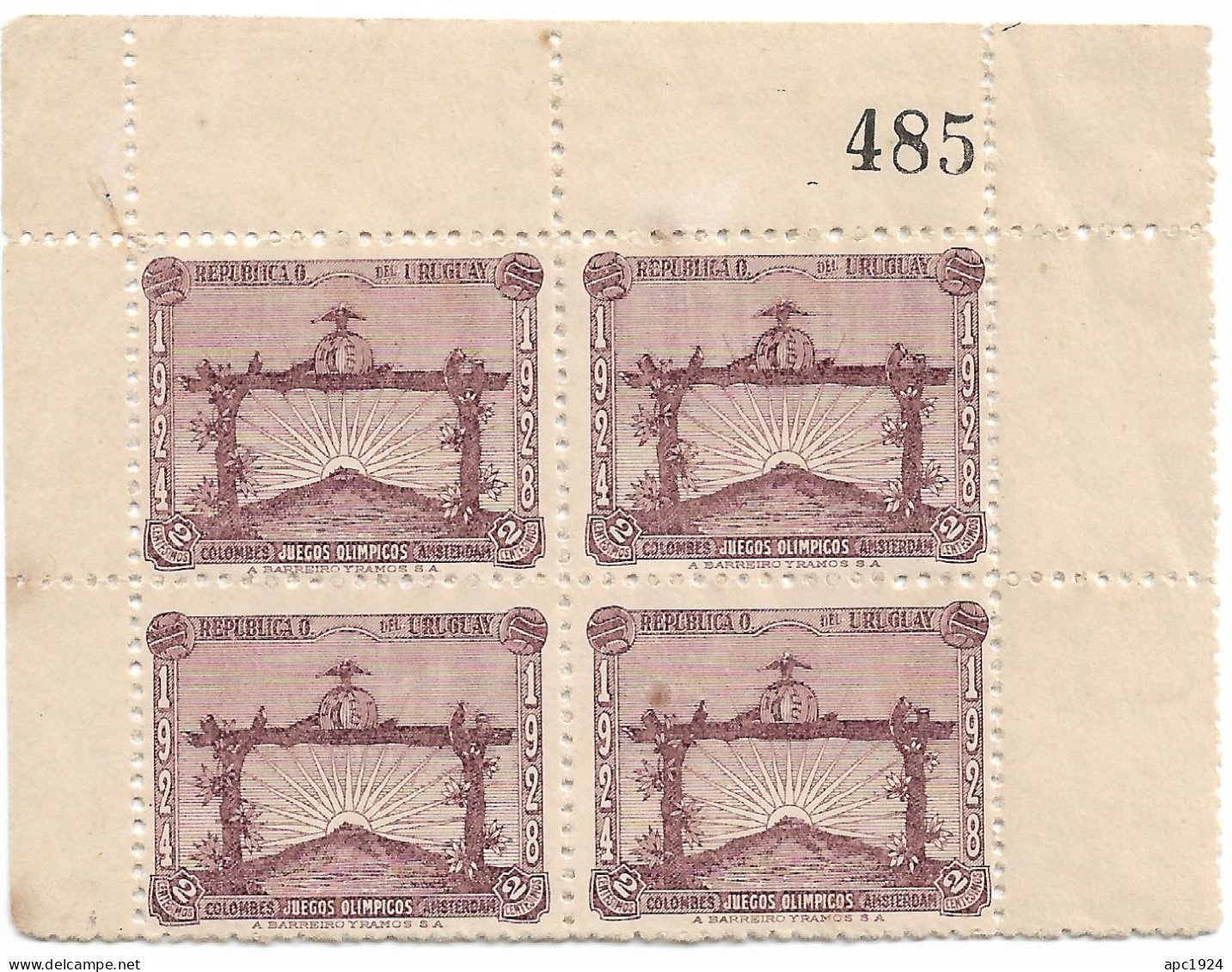 Uruguay 1928 - Yvert 371 X 4 Numero De Plancha - Juegos Olimpicos De 1928 ( Oro En Futbol ) - Unused Stamps