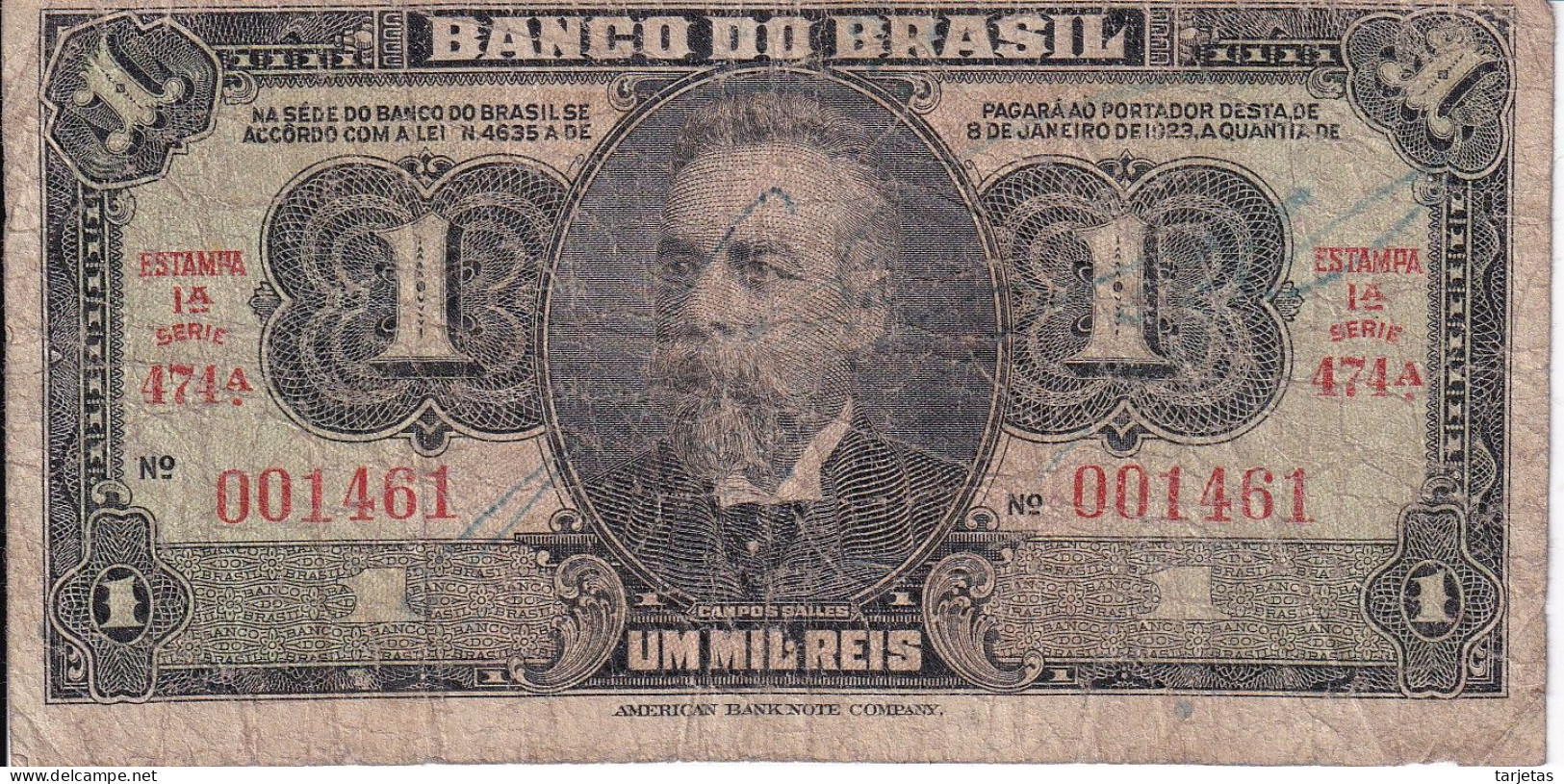 BILLETE DE BRASIL DE 1000 REIS DEL AÑO 1923 (BANK NOTE) - Brésil