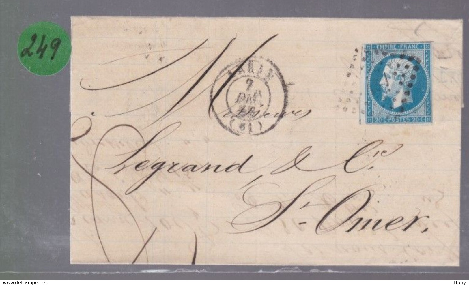 Un Timbre Napoléon III   N° 14  20 C Bleu   1858    Destination   ST - Omer - 1853-1860 Napoleon III