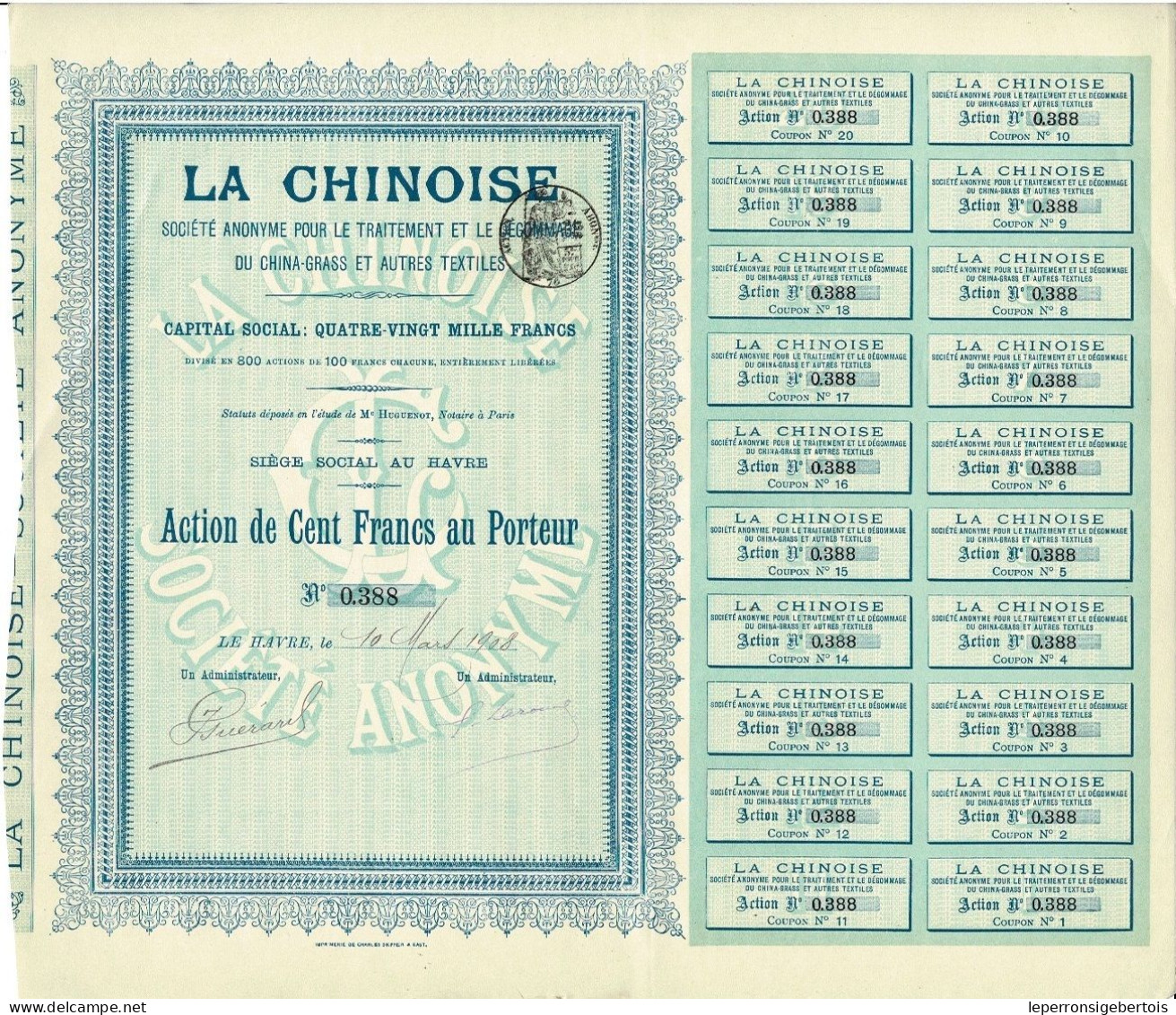 Titre De 1908 - La Chinoise - Sté Anonyme Pour Le Traitement Et Le Dégommage Du China-Grass Et Autres Textiles - - Industry