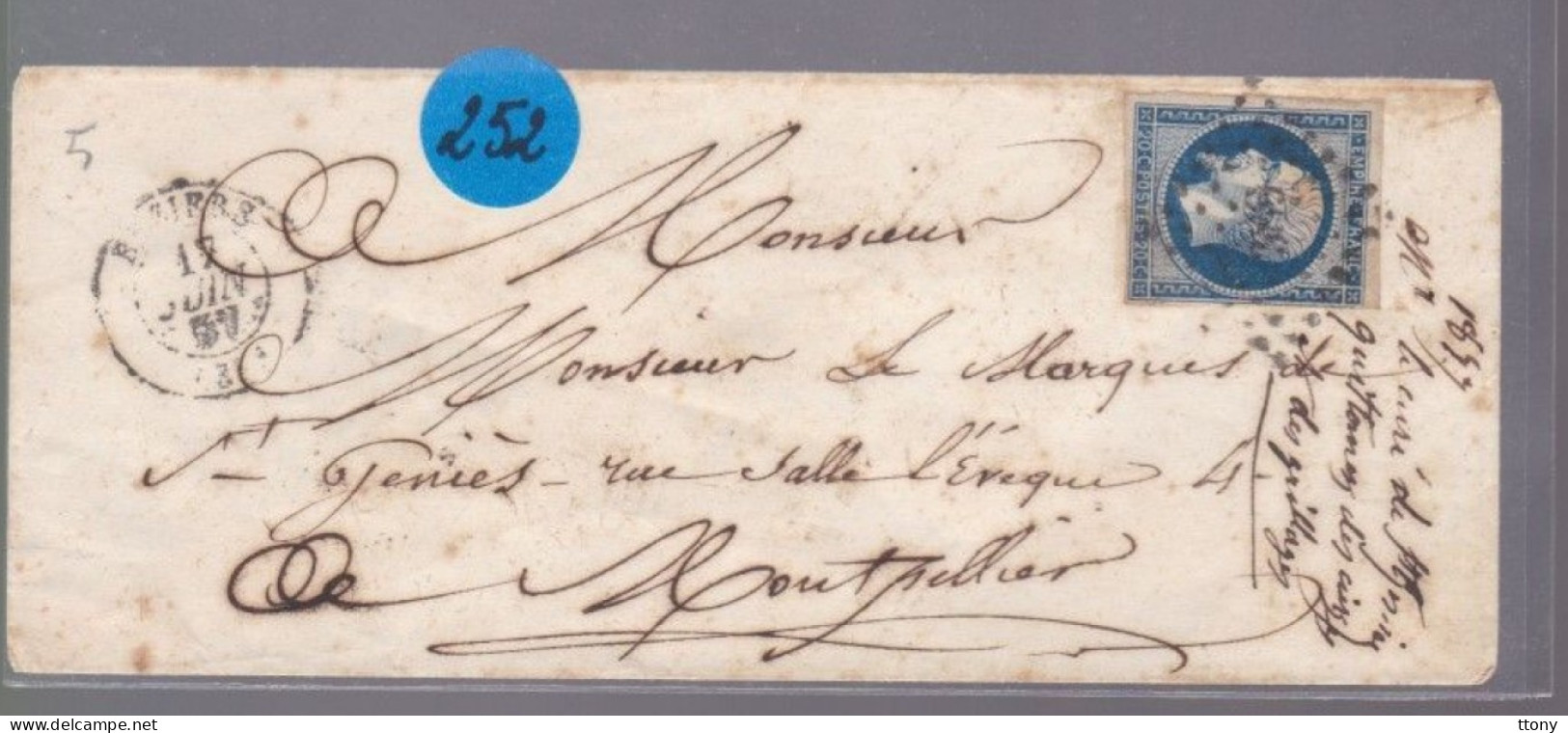 Un Timbre Napoléon III   N° 14  20 C Bleu   Sur Enveloppe  S.C   Destination     Montpellier  1857 - 1853-1860 Napoleone III