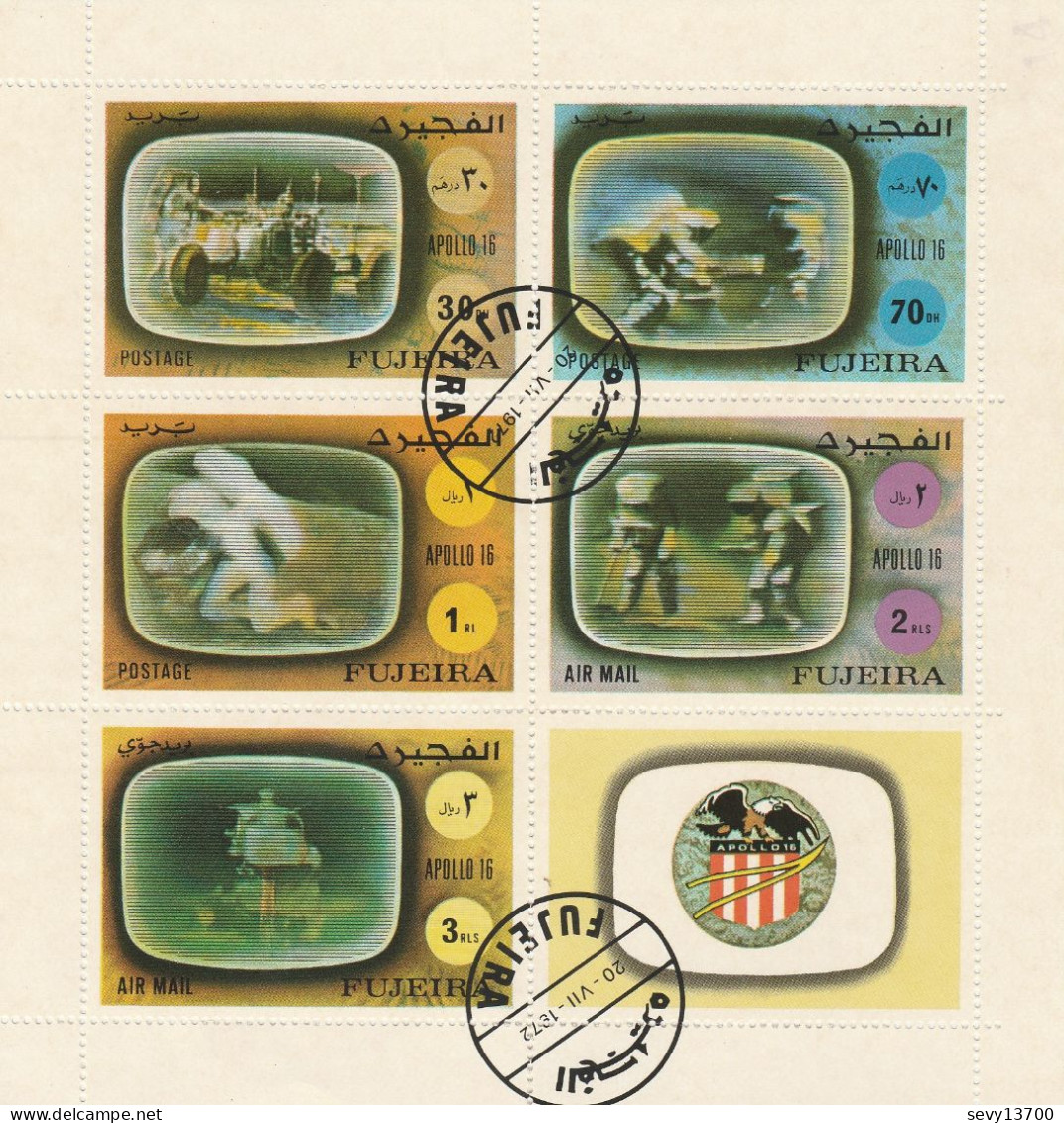 Fujeira - 1972- 2 Blocs -1 De 6 Timbres Espace - Apollo 16 -Apollo 16 Avec Les 3 Cosmonautes Mi 1159A - Fudschaira