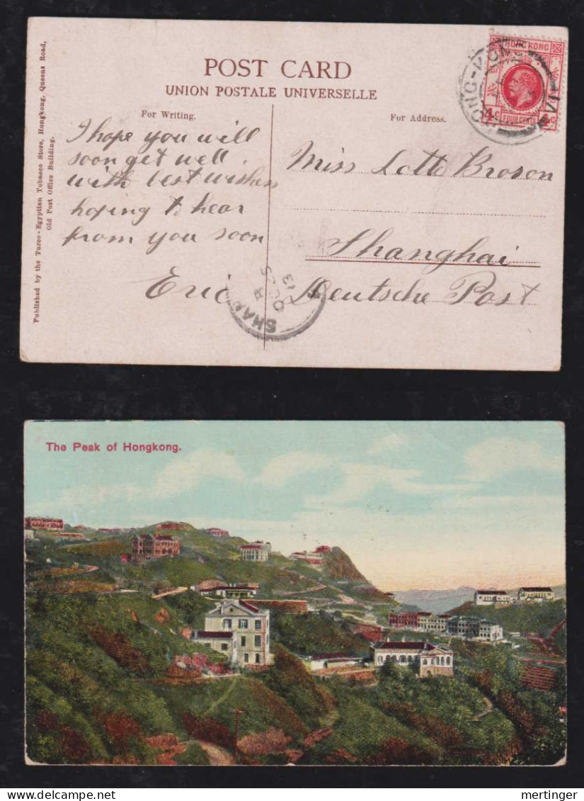 China Hong Kong 1913 Picture Postcard Peak To SHANGHAI China German Post Office - Brieven En Documenten