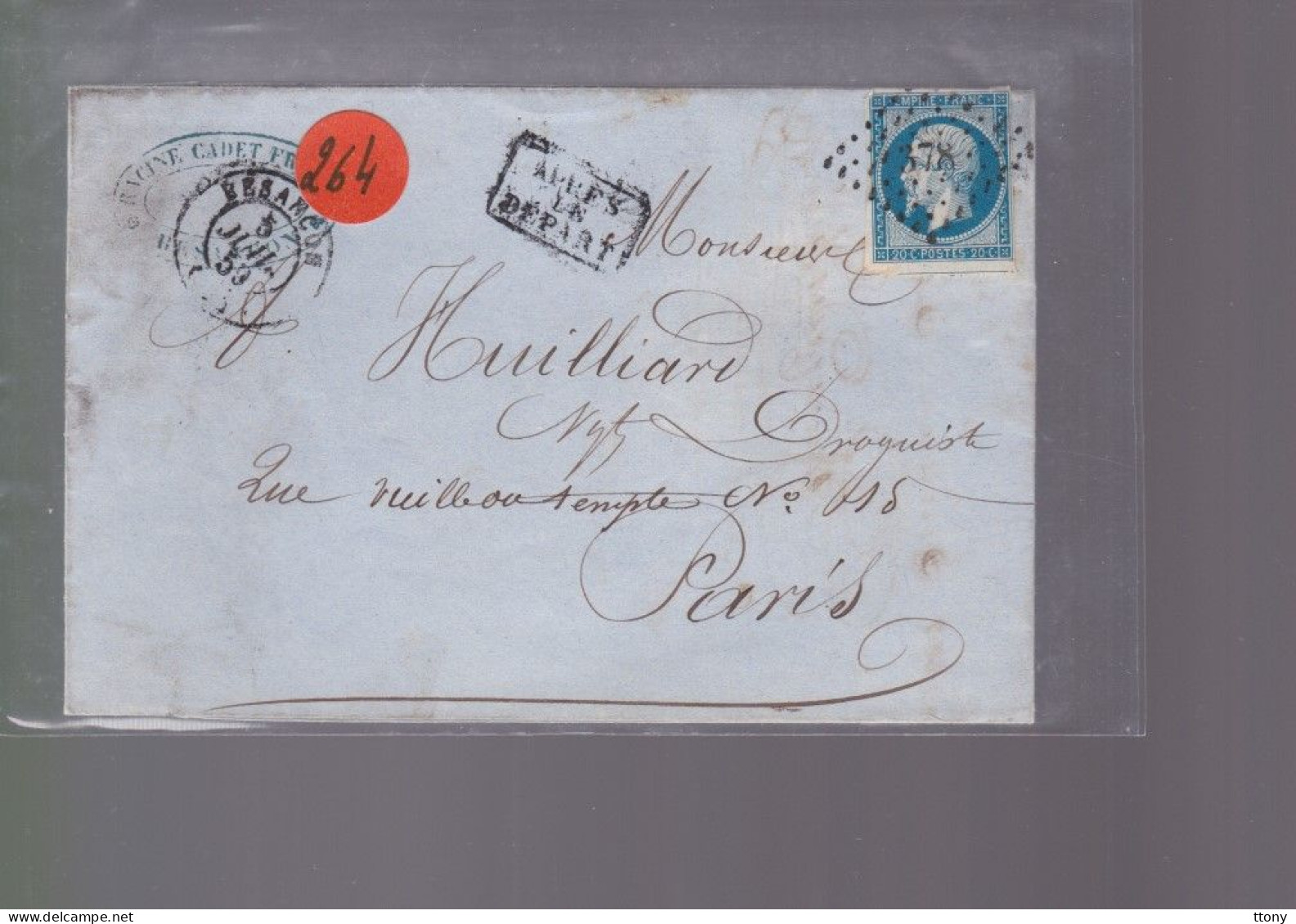 Un Timbre Napoléon III   N° 14  20 C Bleu   1859   Destination     Paris  Après Le Départ - 1853-1860 Napoleon III