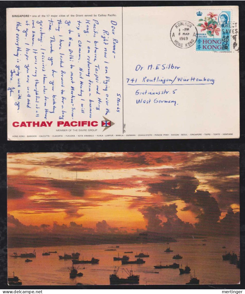 China Hong Kong 1969 Picture Postcard To REUTLINGEN Germany CATHAY PACIFIC Advertising - Brieven En Documenten