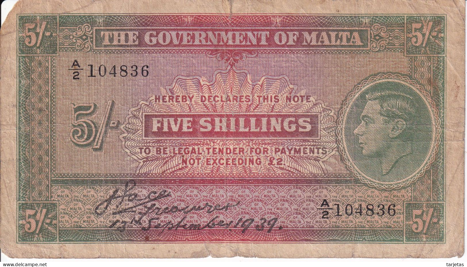 BILLETE DE MALTA DE 5 SHILLINGS DEL AÑO 1939 (BANKNOTE) - Malta