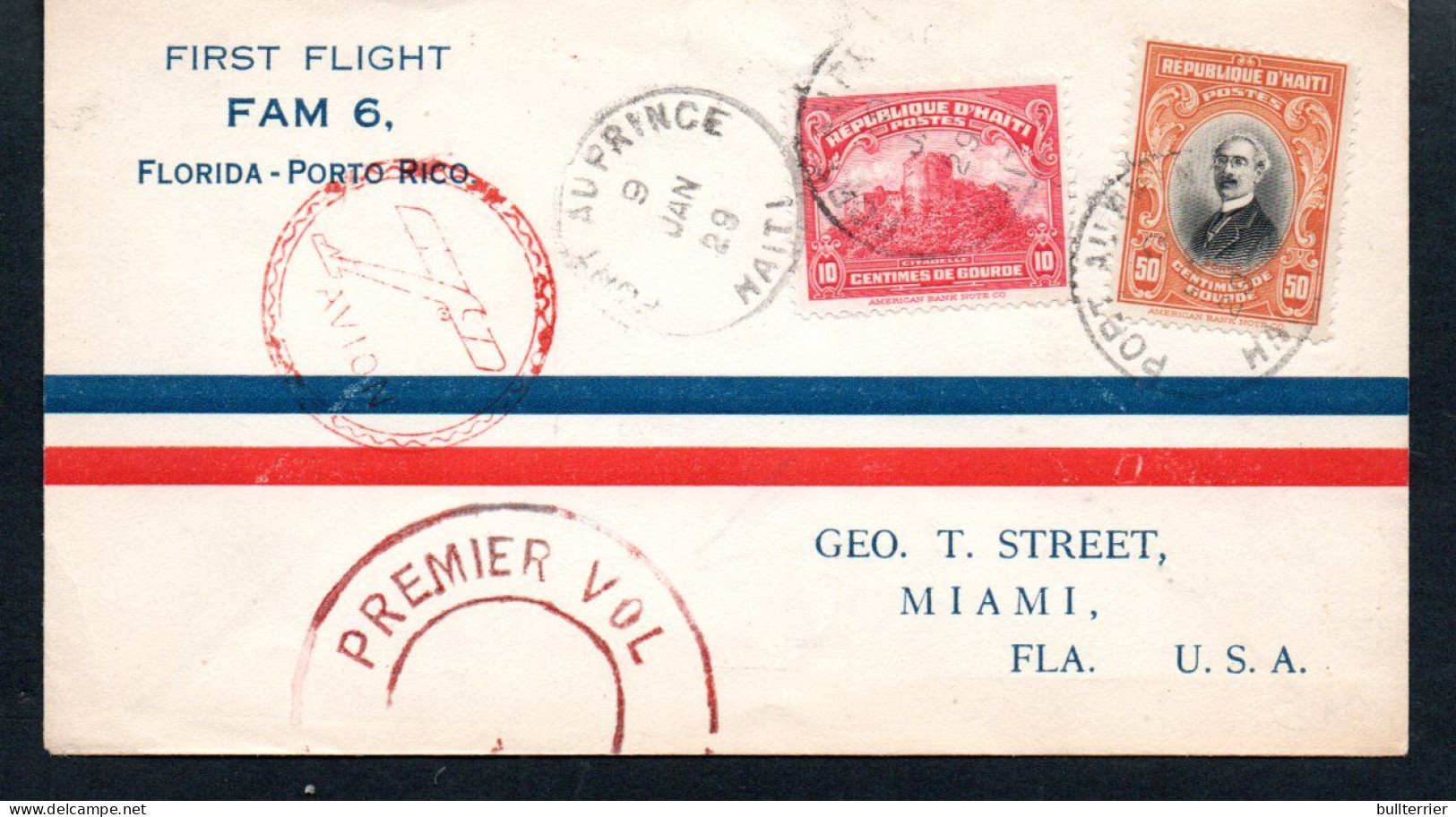 Haiti - 1929 - Miami To Puerto Rico FAM 6 Flight Cover With Cachet. - Haïti