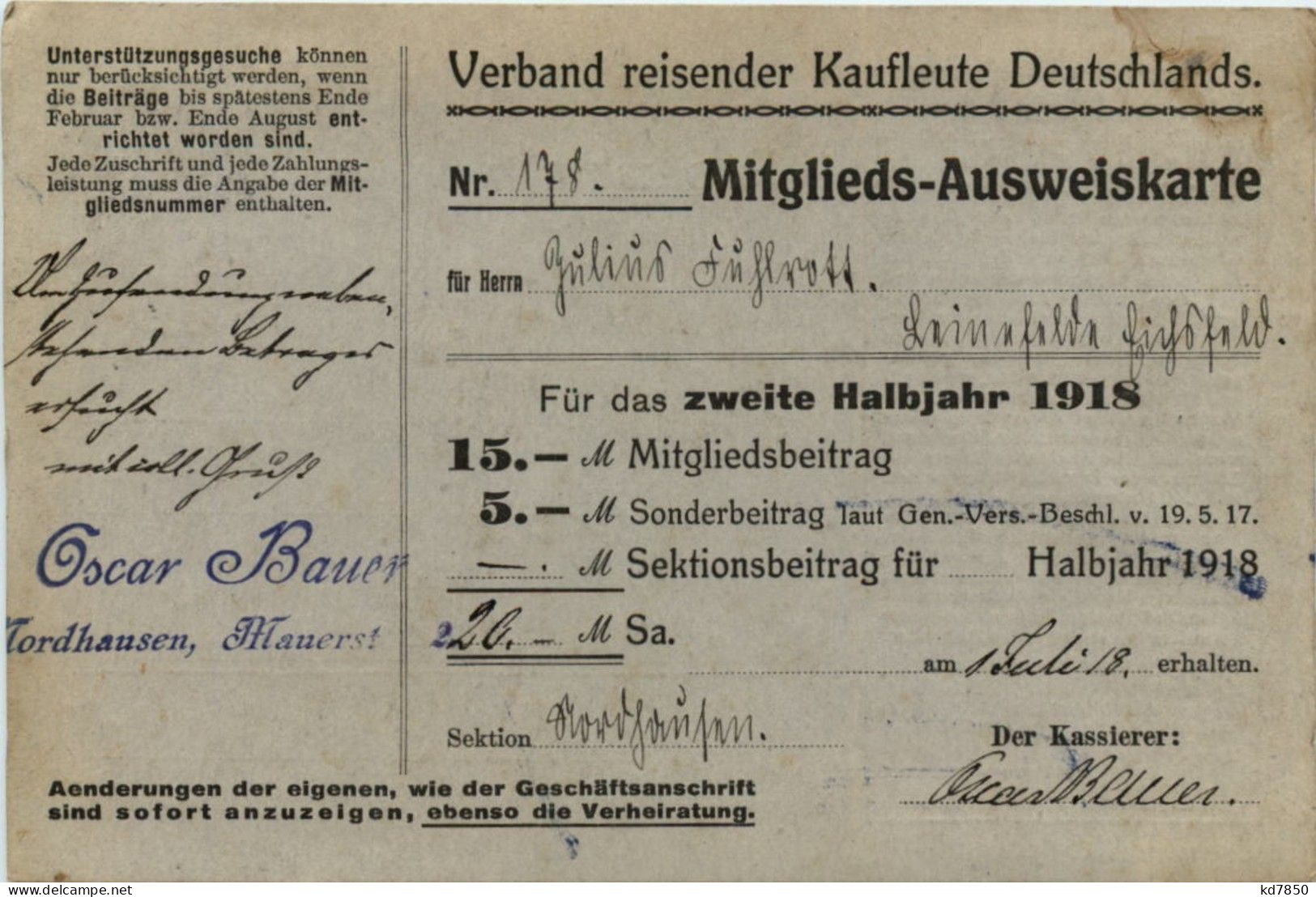 Mitglieds Ausweiskarte - Verband Reisender Kaufleute 1918 - Marchands Ambulants