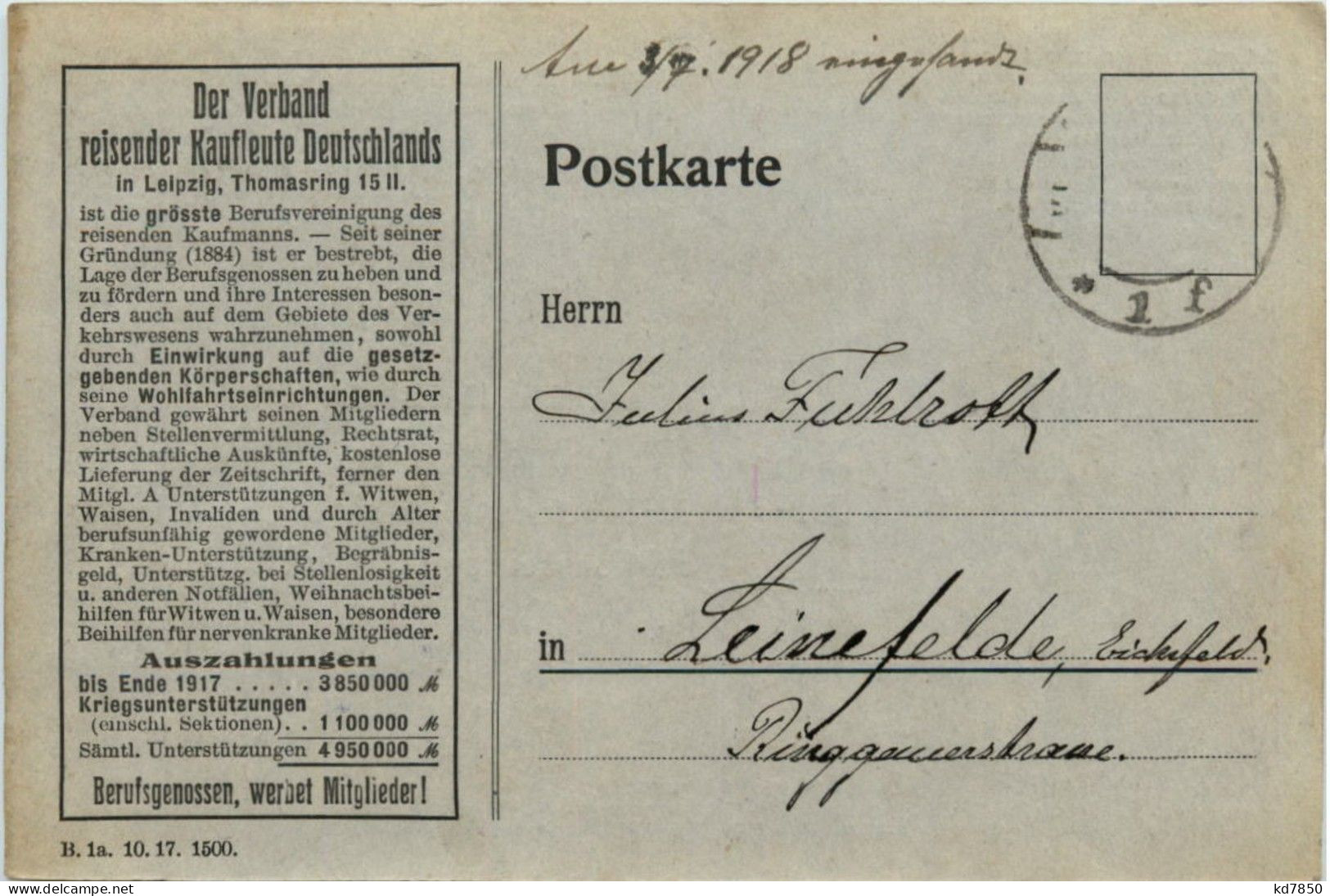 Mitglieds Ausweiskarte - Verband Reisender Kaufleute 1918 - Marchands Ambulants