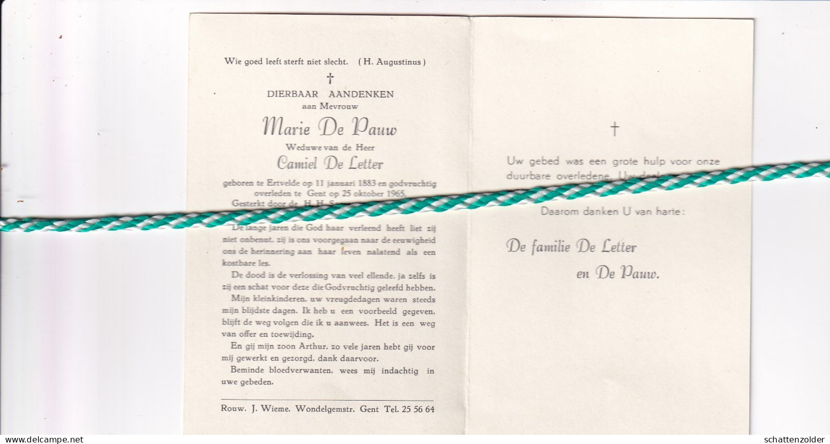 Marie De Pauw-De Letter, Ertvelde 1883, Gent 1965 - Esquela