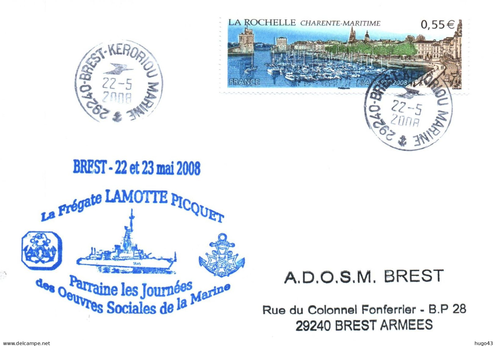 ENVELOPPE AVEC CACHET OFFICIEL FREGATE FASM LAMOTTE PICQUET - PARRAINE LES JOURNEES DES OEUVRES SOCIALES DE LA MARINE - Scheepspost