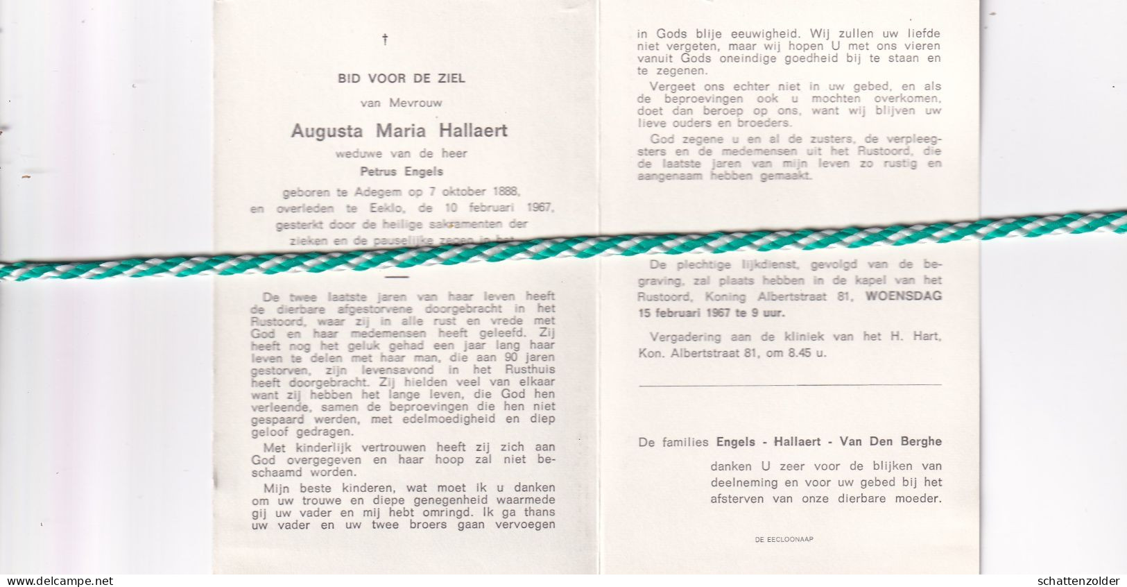 Augusta Maria Hallaert-Engels, Adegem 1888, Eeklo 1967 - Esquela