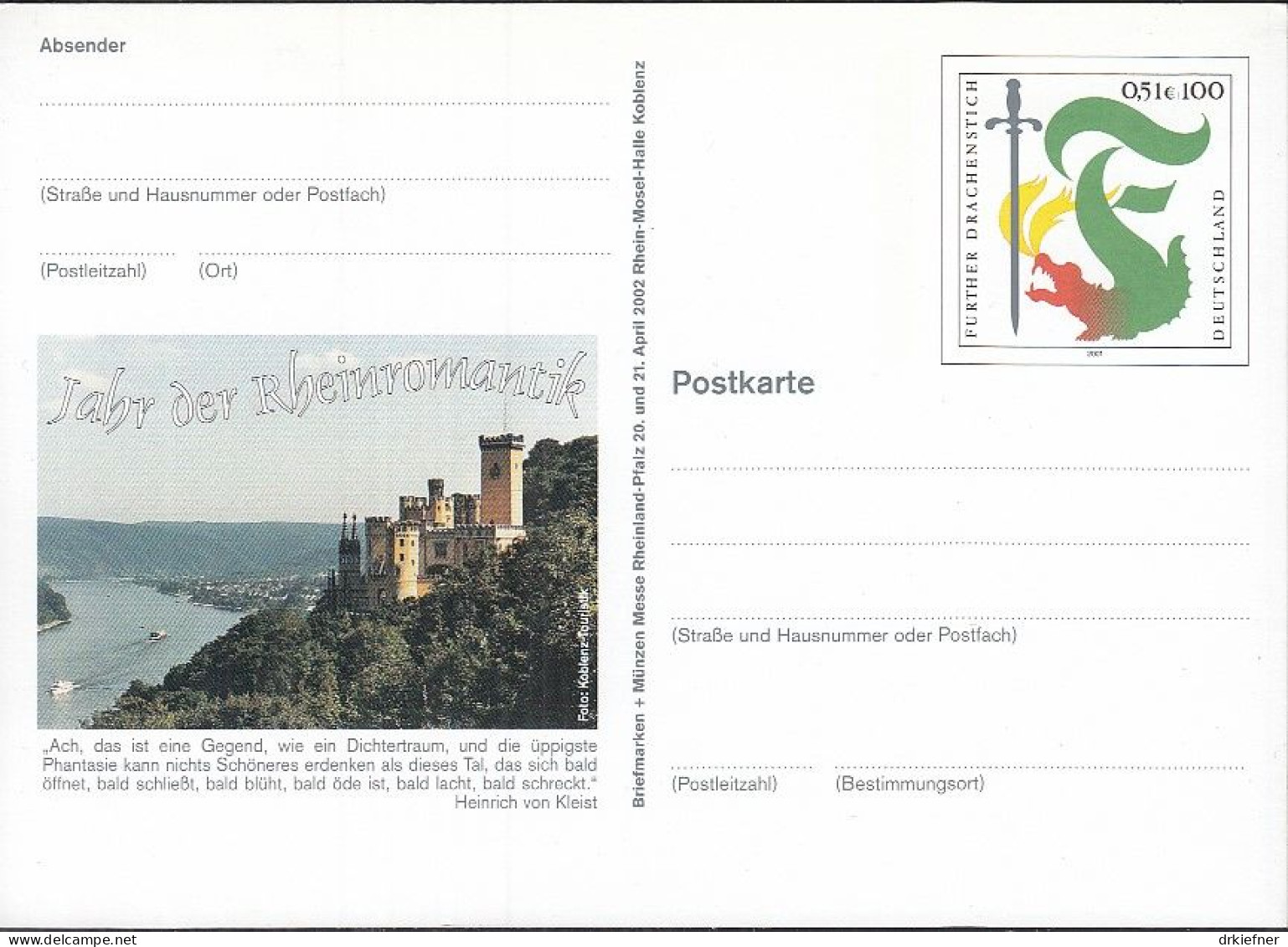 BRD PSo 79,  Ungebraucht, Briefmarkenmesse Rheinland-Pfalz, 2002, Further Drachenstich - Postkarten - Ungebraucht