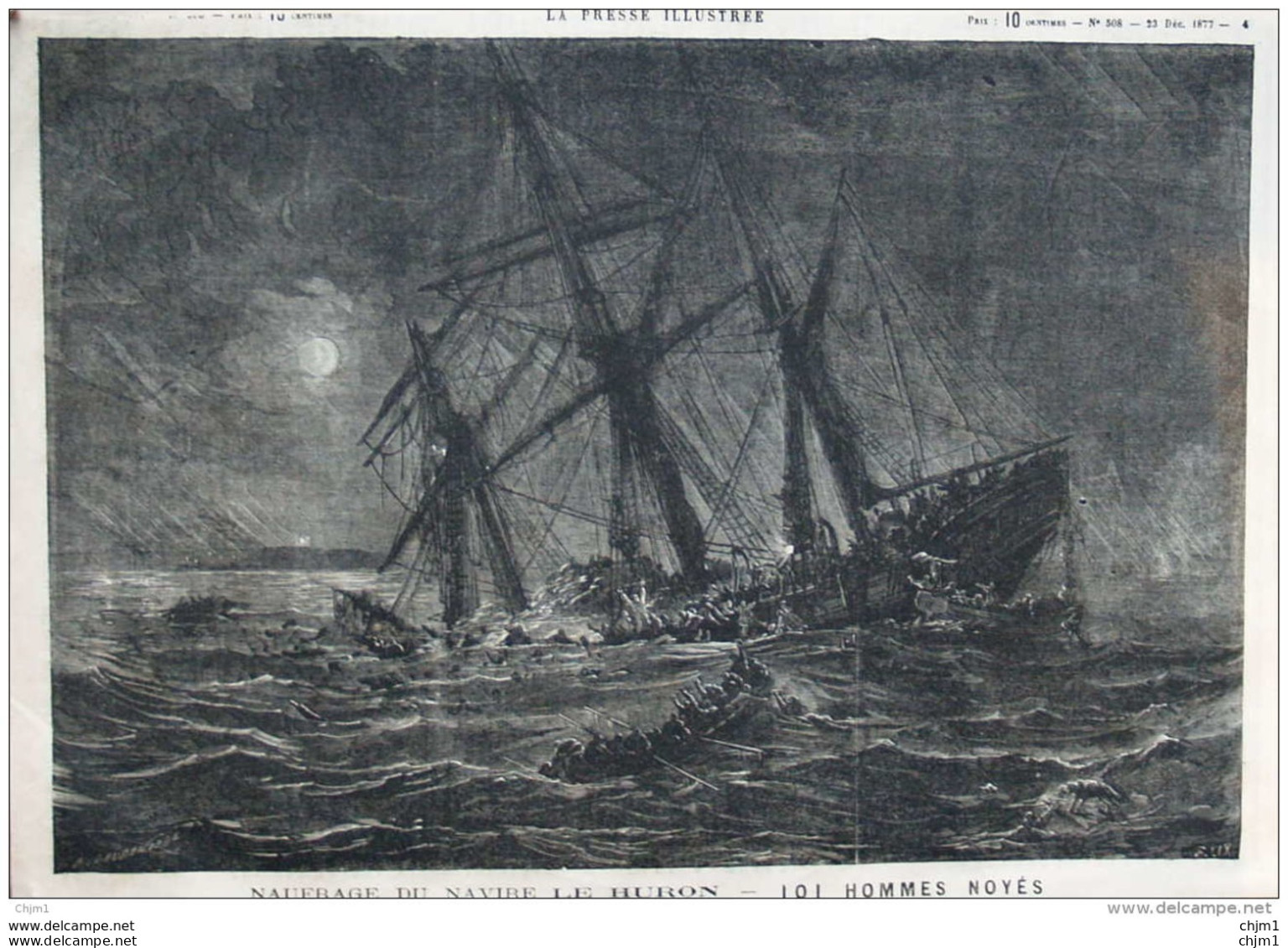 Naufrage Du Navire "Le Huron" - 101 Hommes Noyés - Page Original  1877 - Historische Documenten