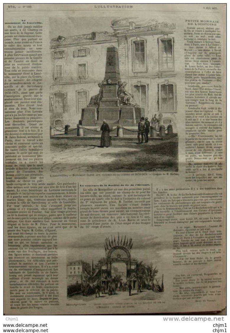 Lunéville - Monument élevé Aux Victimes De La Guerre - Montpellier - Grand Concours -  Page Original - 1877 - Documents Historiques