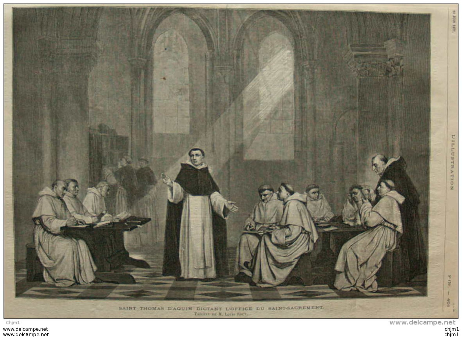 Saint Thomas D'Aquin Dictant L'office Du Saint-Sacrement - Tableau De M. Louis Roux - Page Original - 1877 - Documents Historiques