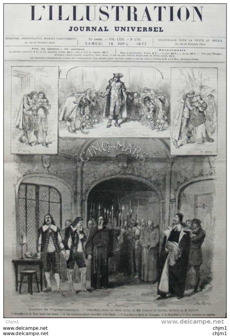 Théâtre De L'Opéra-Comique - "Cinq Mars", Opéra De MM. Poirson Et Gallet - Page Original 1877 - Documents Historiques