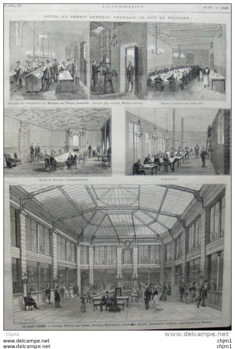 Hôtel Du Crédit Général Francais - Caisses, Service Des Titres, Coupons, Transferts - Page Original 1877 - Documents Historiques