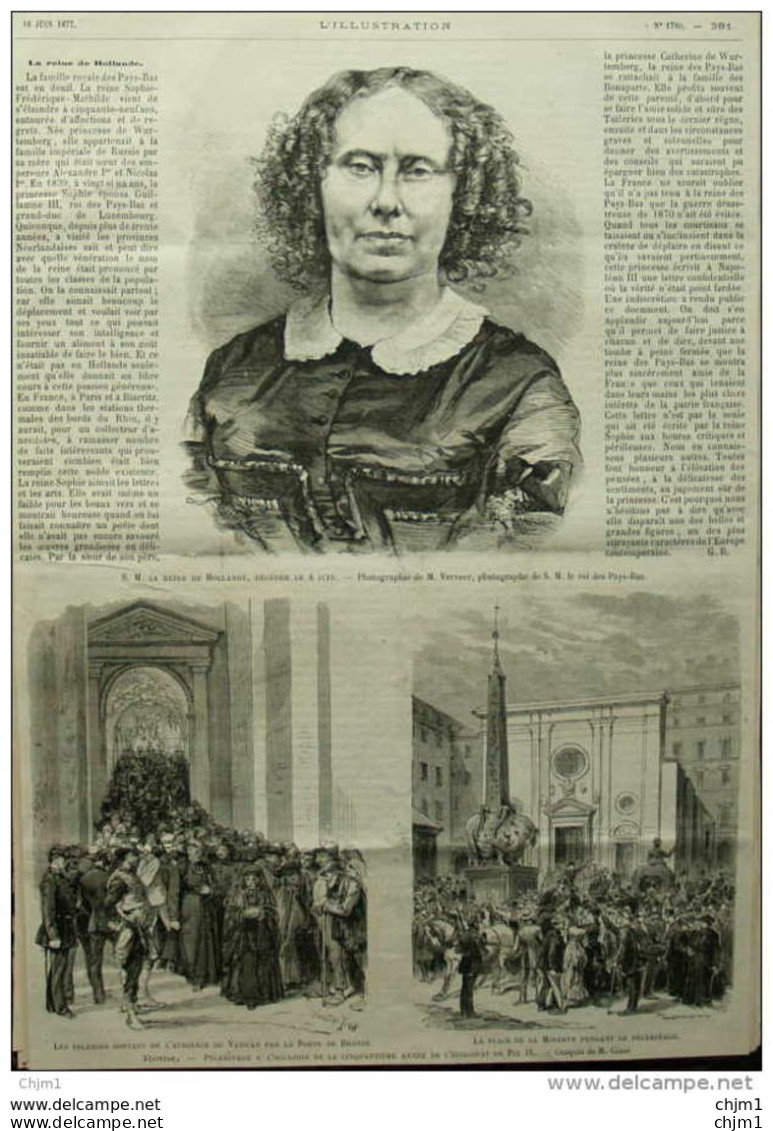 S.M. La Reine De Hollande - Les Pélerins Sortant E L'audience Du Vatican - Page Original 1877 - Documents Historiques