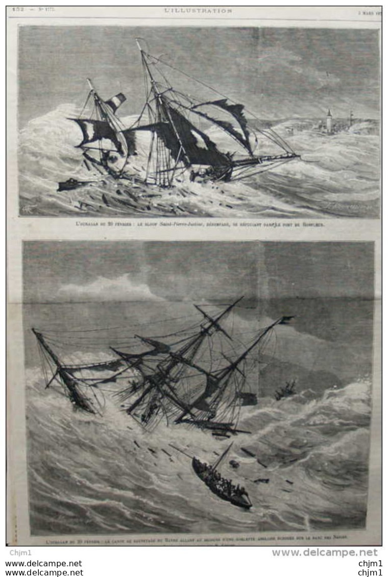 L'ouragan - Le Sloop "Saint-Pierre-Justine", Désemparé, Se Réfugiant Dans Le Port De Honfleur - Page Original 1877 - Documents Historiques