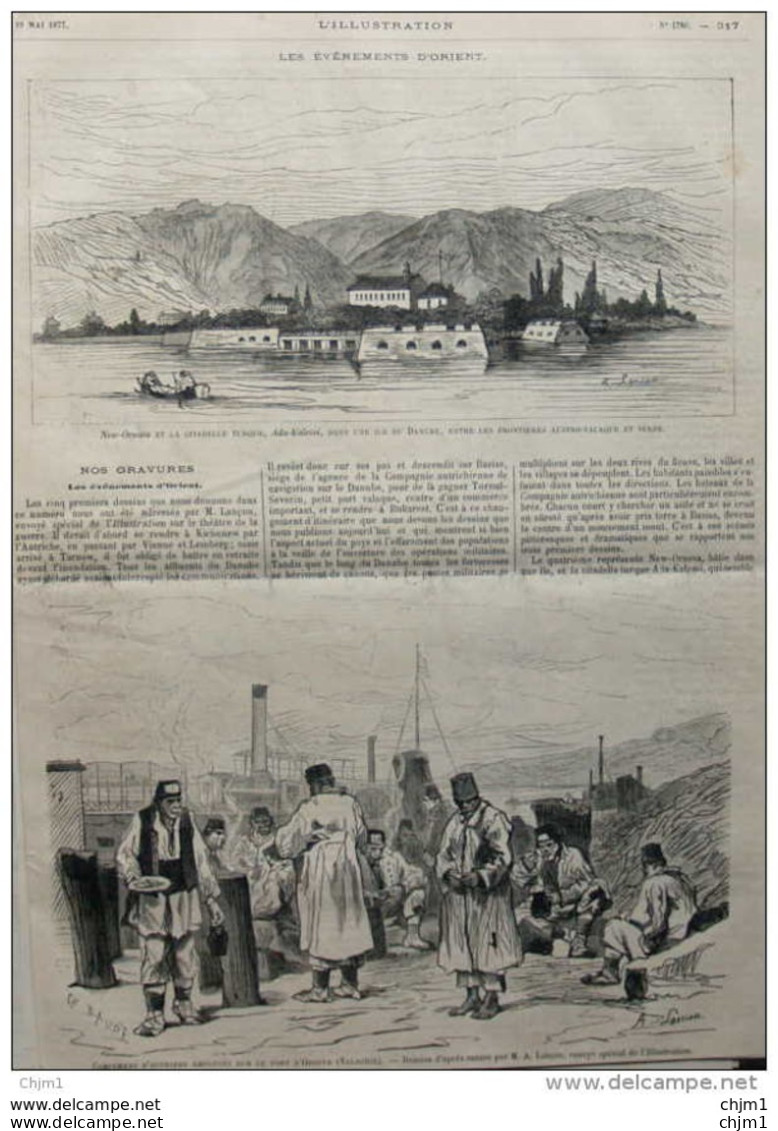 "New-Orsova" Et La Citadelle Turque, "Ada-Kalessi", Dans Une Ile Du Danube - Page Original 1877 - Historische Dokumente