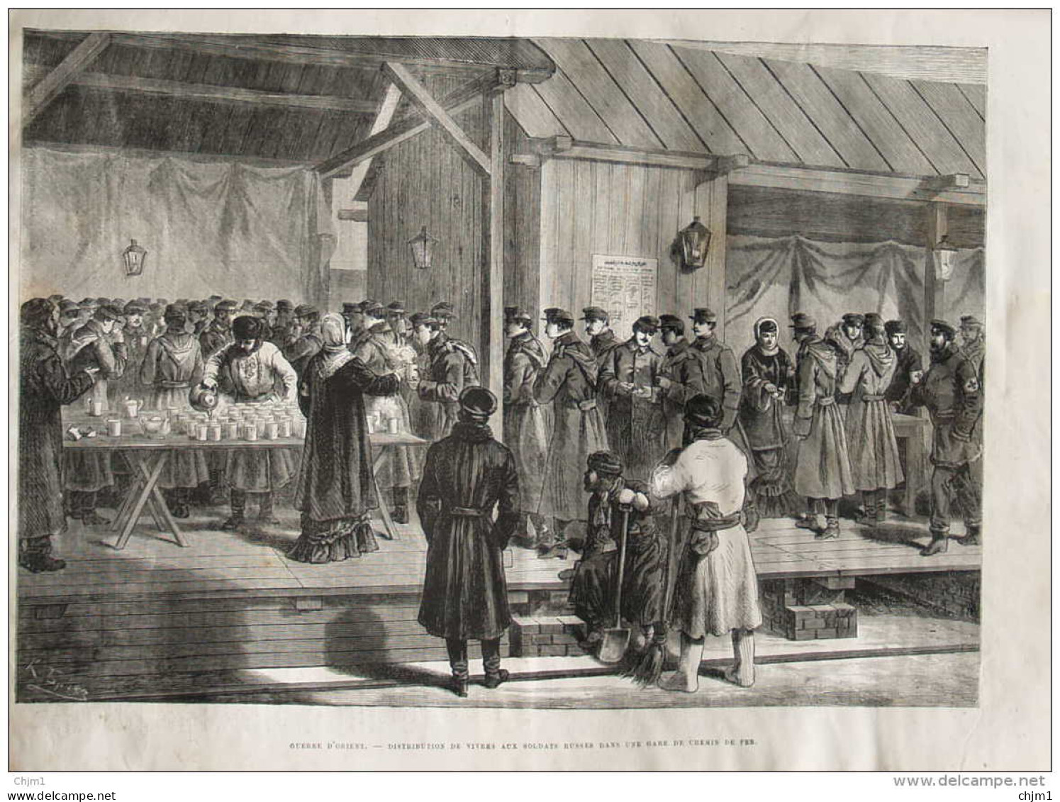 Guerre D'Orient - Distribution De Vivres Aux Soldats Russes Dans Une Gare De Chemin De Fer - Page Original 1877 - Historische Dokumente