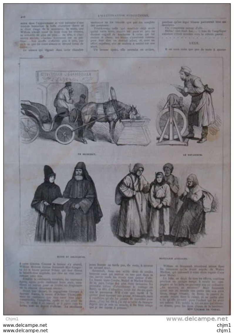 Un Droschky - Moine Et Réligieuse - Mendiants Aveugles - Le Repasseur - Page Original 1877 - Historische Dokumente
