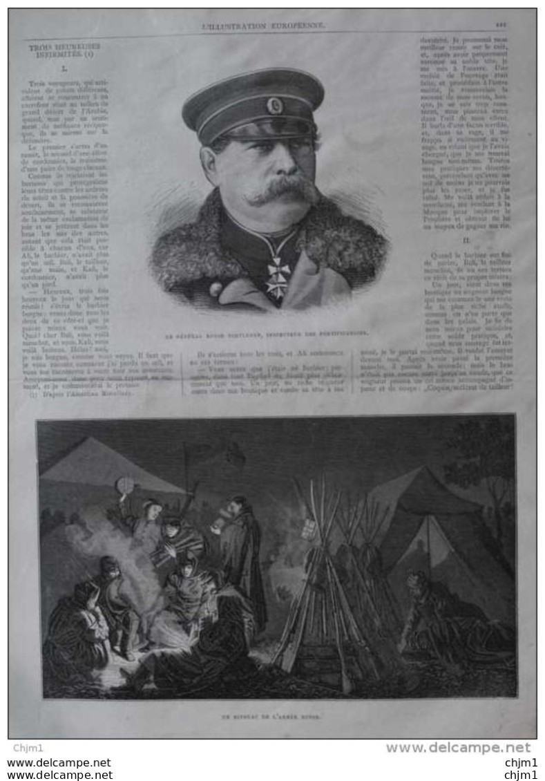 Le Géneral Russe Todtleben, Inspecteur Des Fortifications - Un Bivouac De L'armée Russe - Page Original 1877 - Historische Dokumente