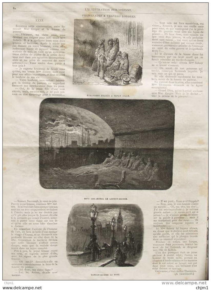 Promenades à Travers Londres - Sous Les Arches De London-Bridge - étrangers égarés à Seven Dials - Page Original 1877 - Historische Dokumente