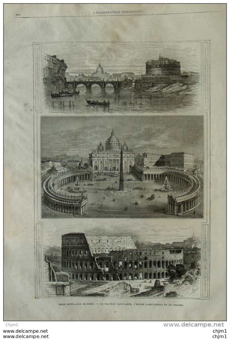 Trois Monuments De Rome - Le Château Saint-Ange, L'église Saint-Pierre, Le Colisée - Page Original 1877 - Historische Dokumente