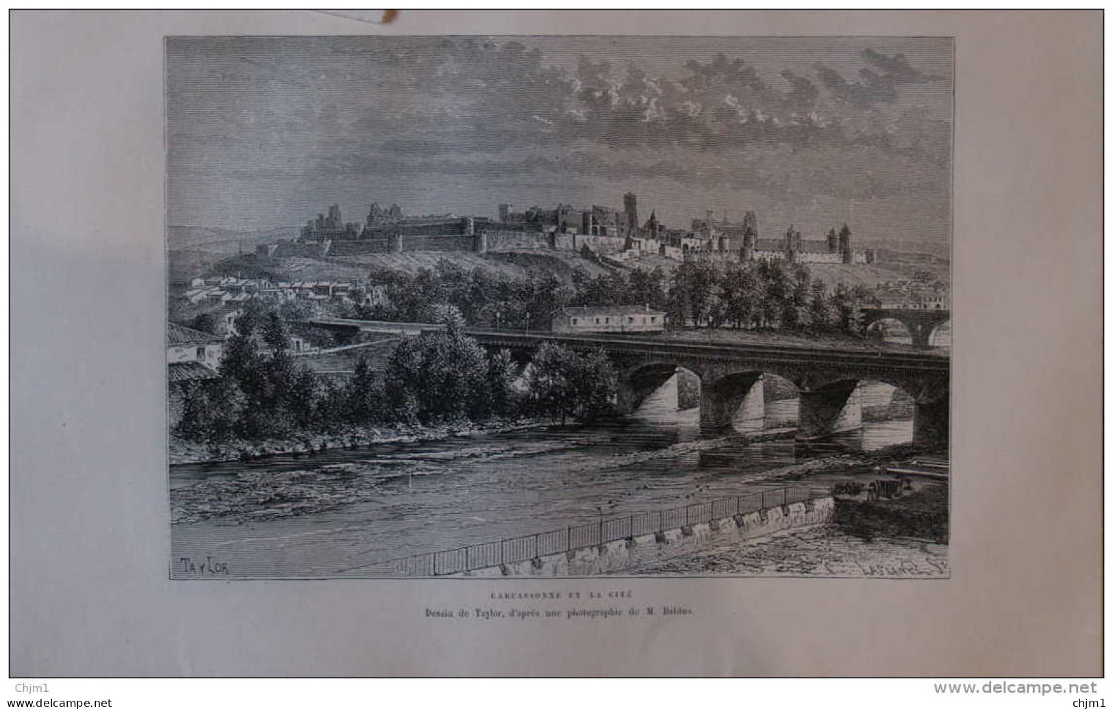 Carcassonne Et La Cité - Dessin De Taylor -  Page Original 1877 - Documentos Históricos