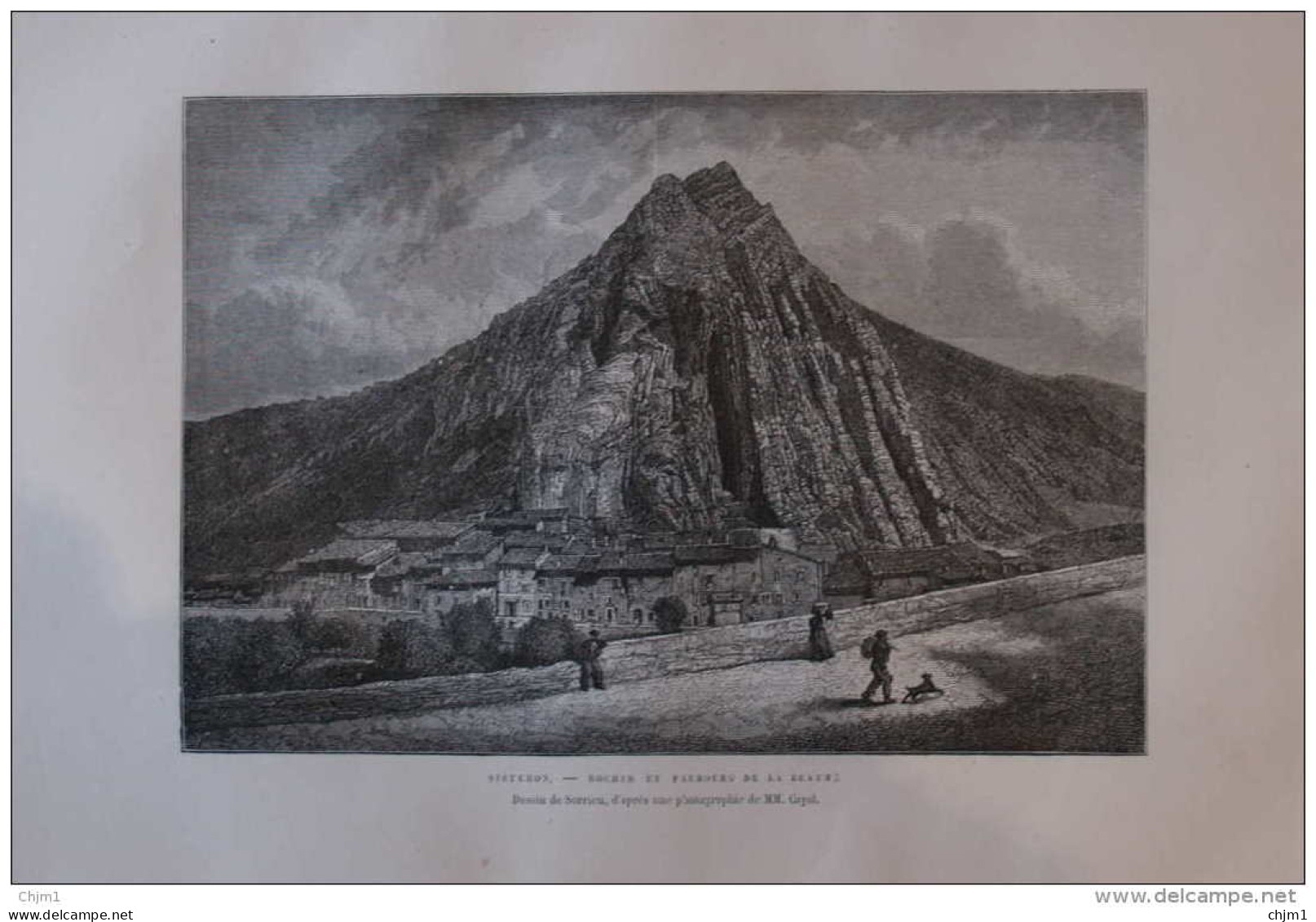 Sisteron - Rocher Et Faubourg De La Beaume - Dessin De Sorrieu -  Page Original 1877 - Historische Dokumente