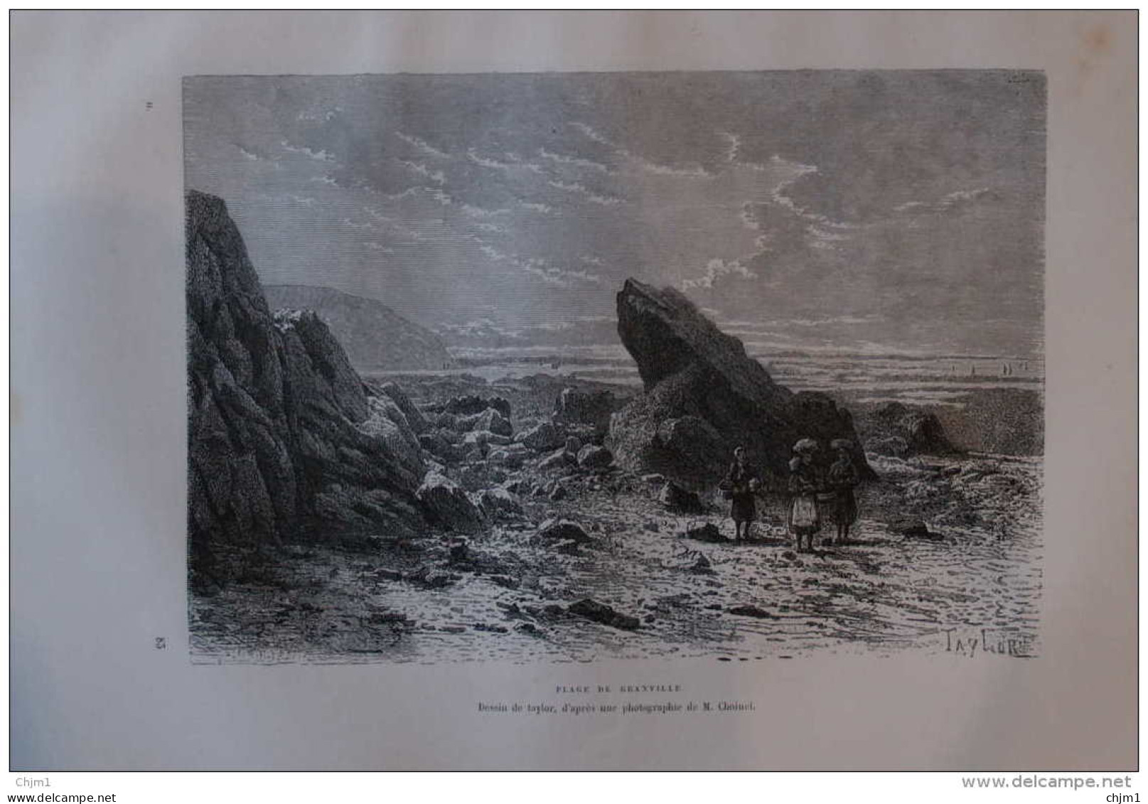 Plage De Granville - Dessin De Taylor -  Page Original 1877 - Historische Dokumente