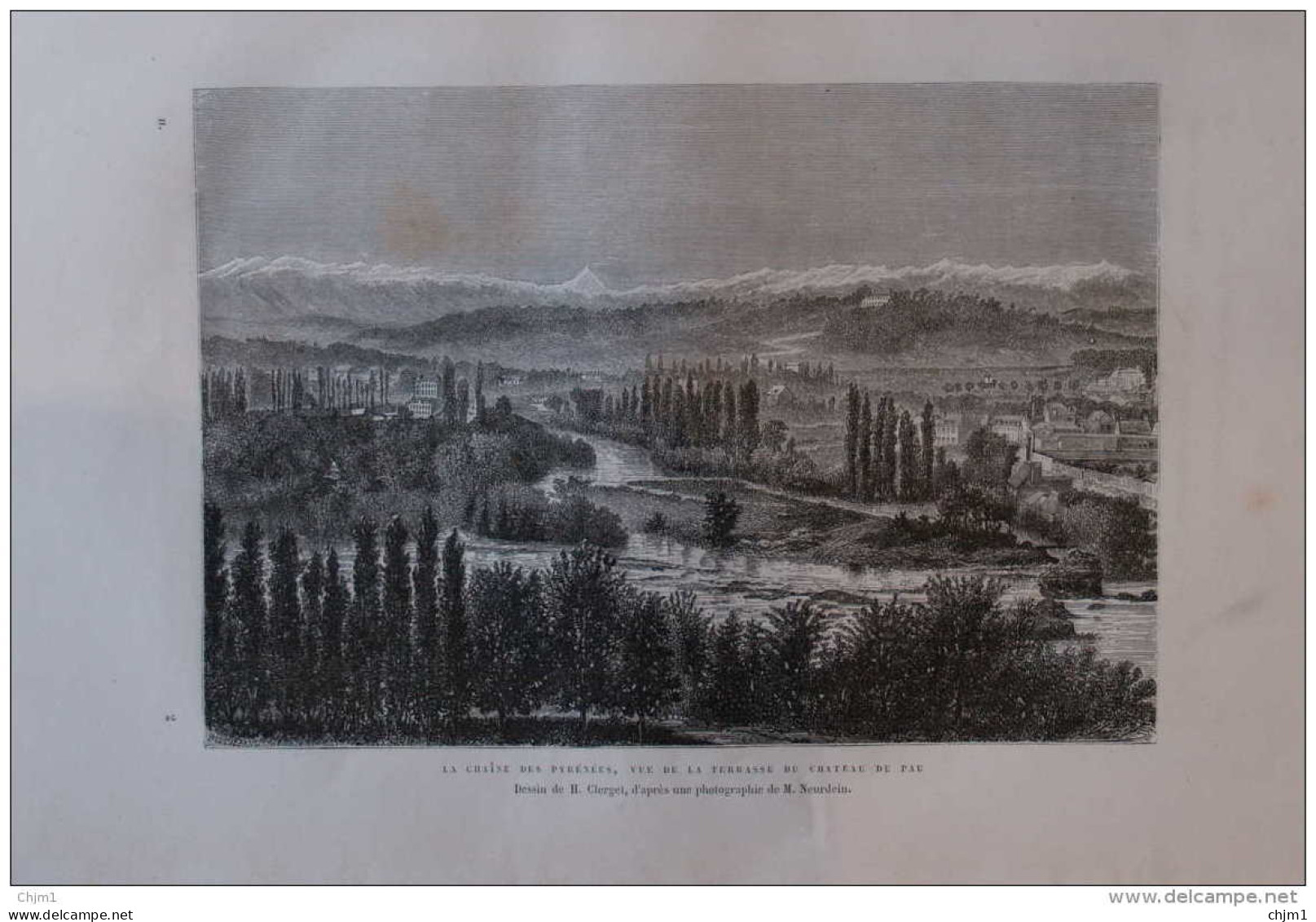 La Chaine Des Pyrénées, Vue De La Terrasse Du Château De Pau - Dessin De H. Clerget-  Page Original 1877 - Historical Documents