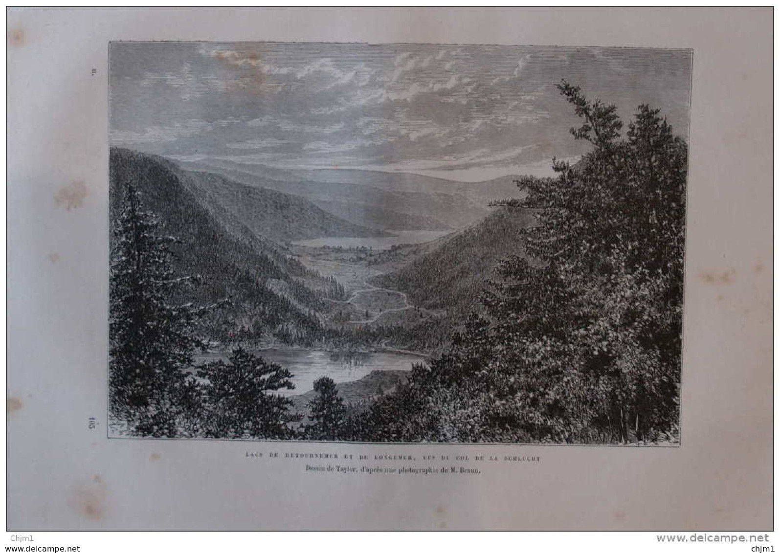 Lacs De Retournemer Et De Longemer, Vus Du Col De La Schlucht - Dessin De Taylor - Page Original 1877 - Historical Documents