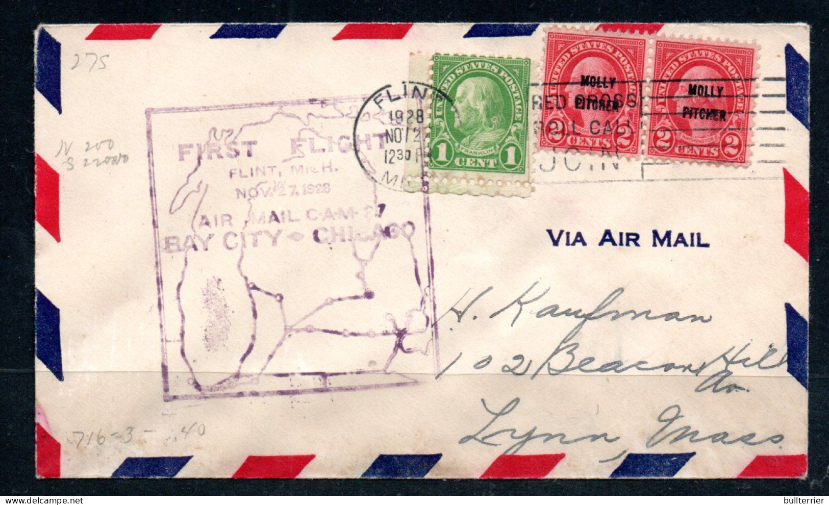 USA - 1928 - Cam 27 Flight Cover To Lynn Via Bay City - Chicago Flight - 1c. 1918-1940 Lettres