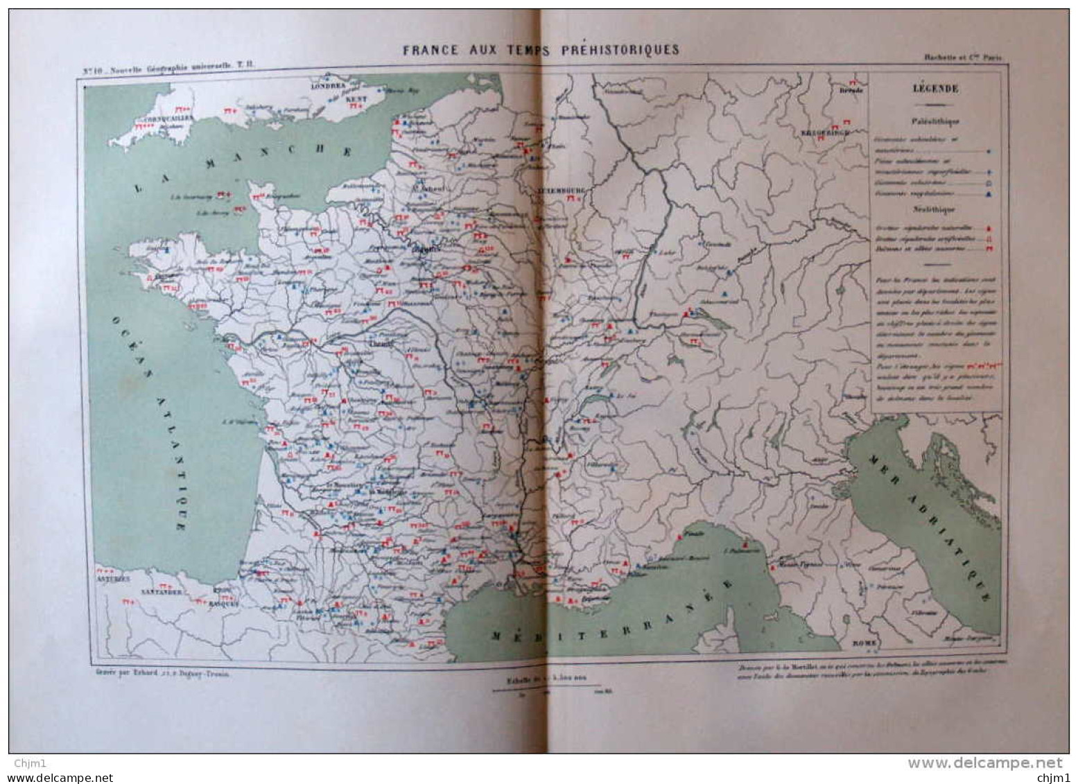 France Aux Temps Préhistoriques -  Carte Original En Couleur 1877 - Historical Documents