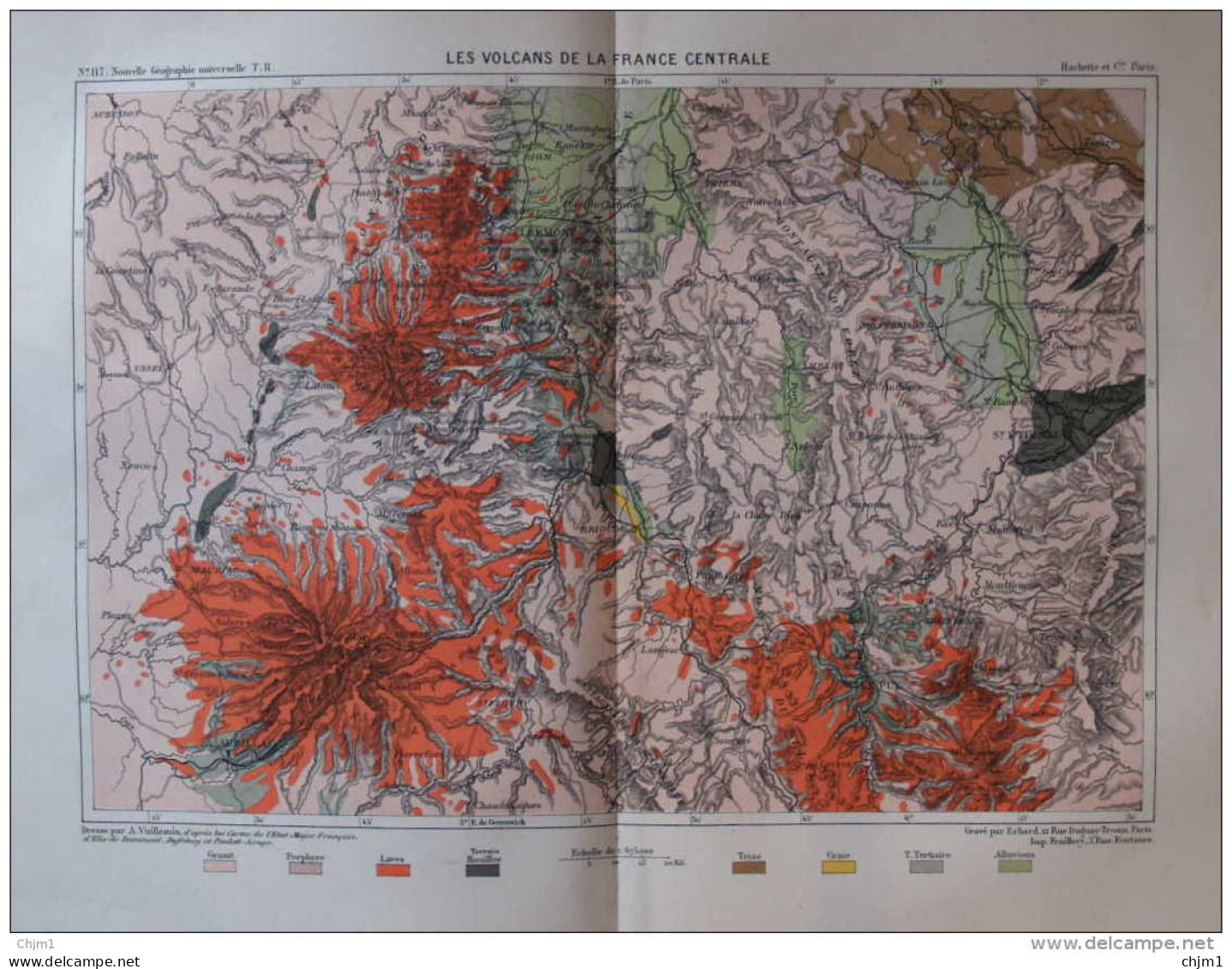 Les Volcans De La France Centrale -  Carte Original En Couleur 1877 - Historical Documents