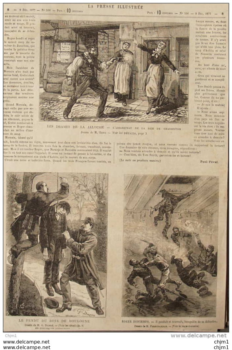 Les Drames De La Jalousie - L'assasinat De La Rue De Charenton - Le Pendu Du Bois De Boulogne -  Page Original - 1877 - Historical Documents