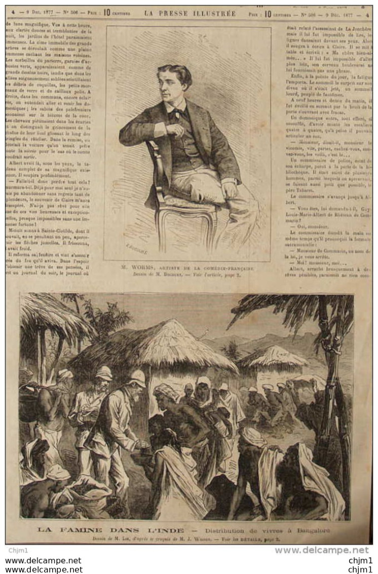 La Famine Dans L'Inde, Distribution De Vivres à Bangalore - M. Worms -  Page Original - 1877 - Historical Documents