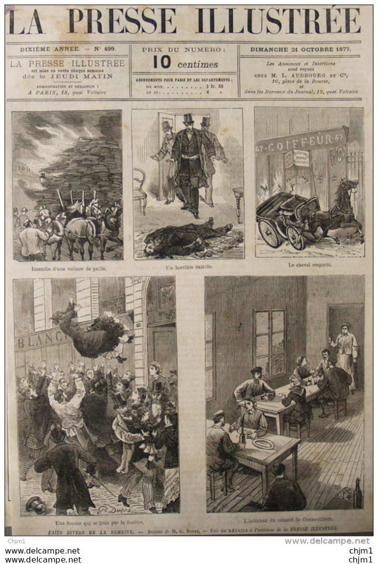 Une Femme Qui Se Jette Par Le Fenêtre - Un Horrible Suicide - Incendie D'une Voiture De Paille -  Page Original - 1877 - Documenti Storici