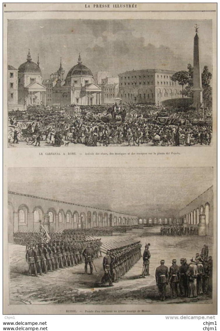 Le Carnaval à Rome, Sur La Piazza De Popolo -  Page Original - 1877 - Historical Documents