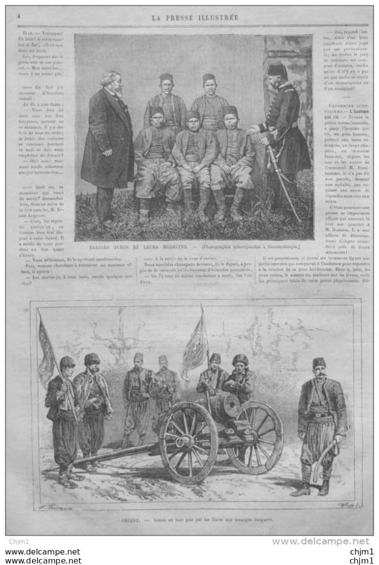 Blessés Turcs Et Leurs Médecins - Orient, Canon En Bois Pris Par Les Turcs Aux Insurgés Bulgares - Page Original 1877 - Historical Documents