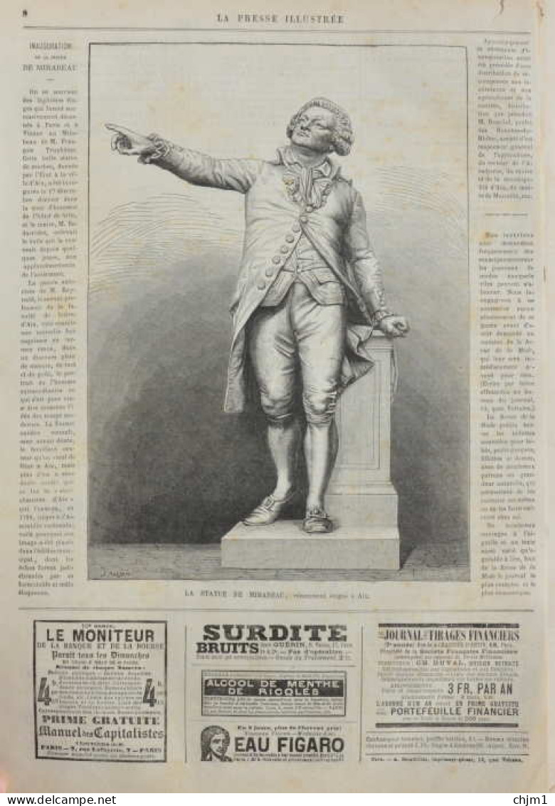 La Statue De Mirabeau, Récemment érigée à Aix -  Page Original - 1877 - Documenti Storici