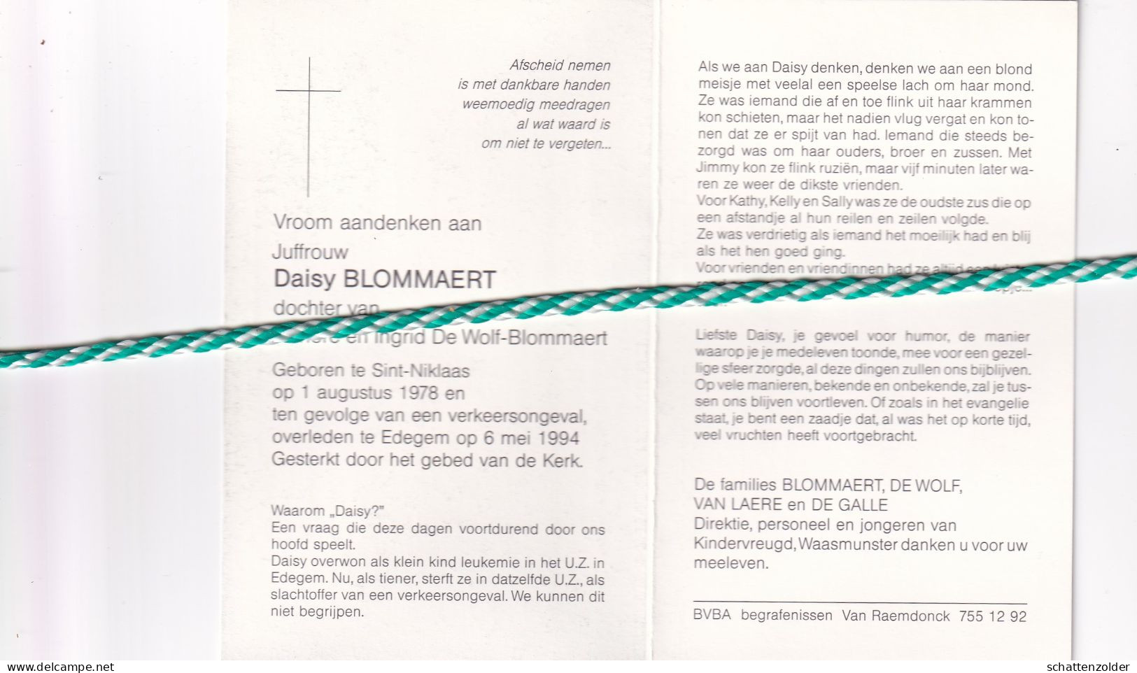 Daisy Blommaert-De Wolf, Sint-Niklaas 1978, Edegem 1994. Foto - Avvisi Di Necrologio